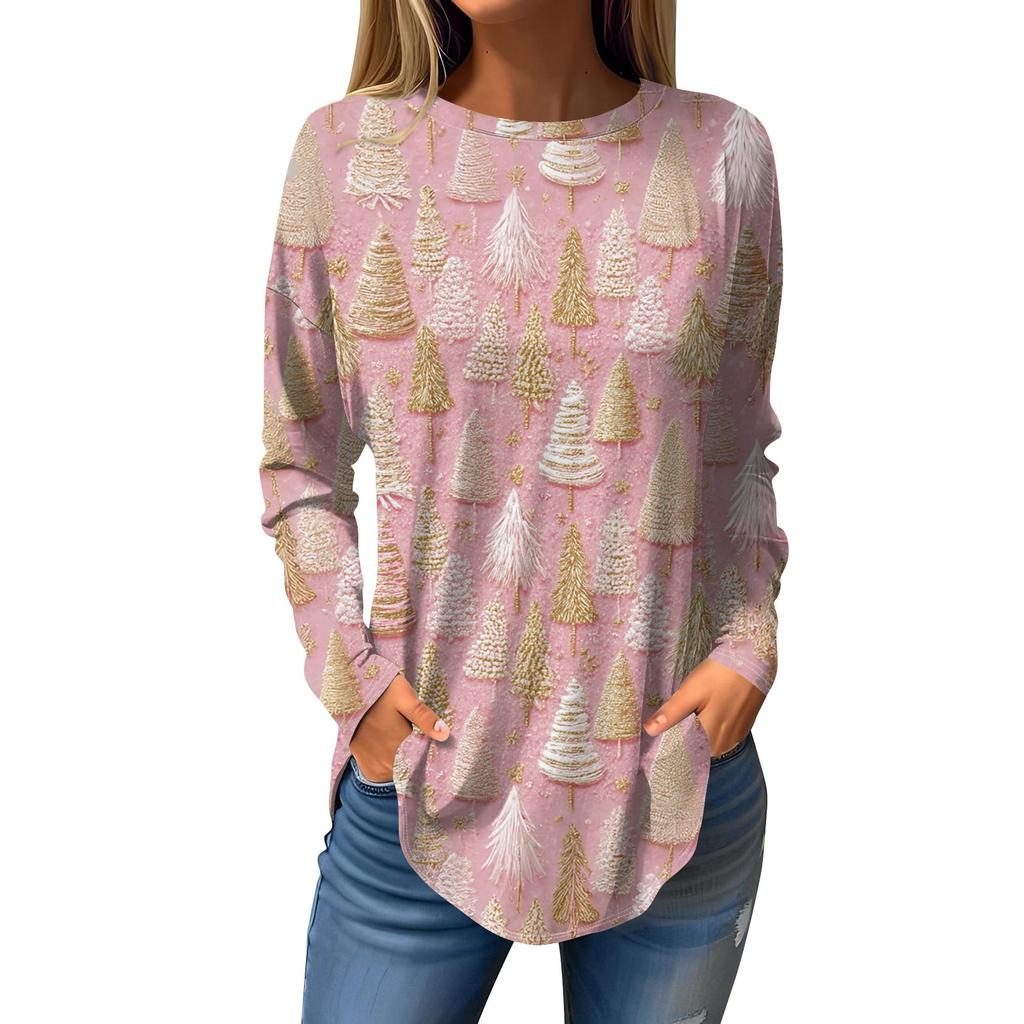 Damen T-Shirt mit Rundhalsausschnitt, Weihnachtsdruck, langärmelig