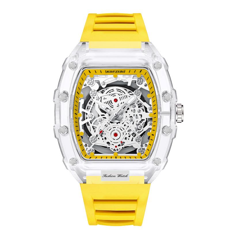 Fashionable Casual Men's Watch Luminous Calendar Function Silicone Strap Tonneau Shaped Transparent Case Men Quartz Watch Reloj