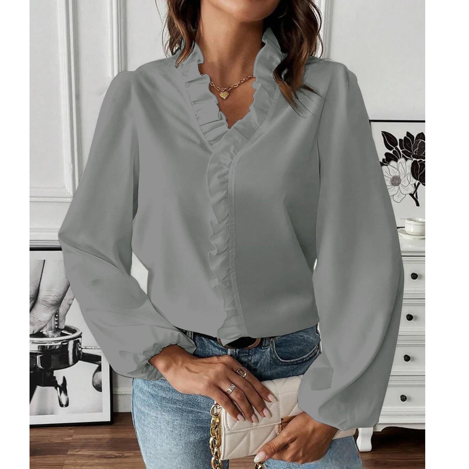 Women s Ruffle Edge Color V-Neck Fashionable Casual Long Sleeved T-Shirt Shirt Top XXL