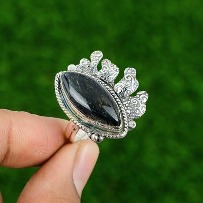Natural Black Tiger'S Eye Gemstone Statement Adjustable Ring 925 Sterling Silver