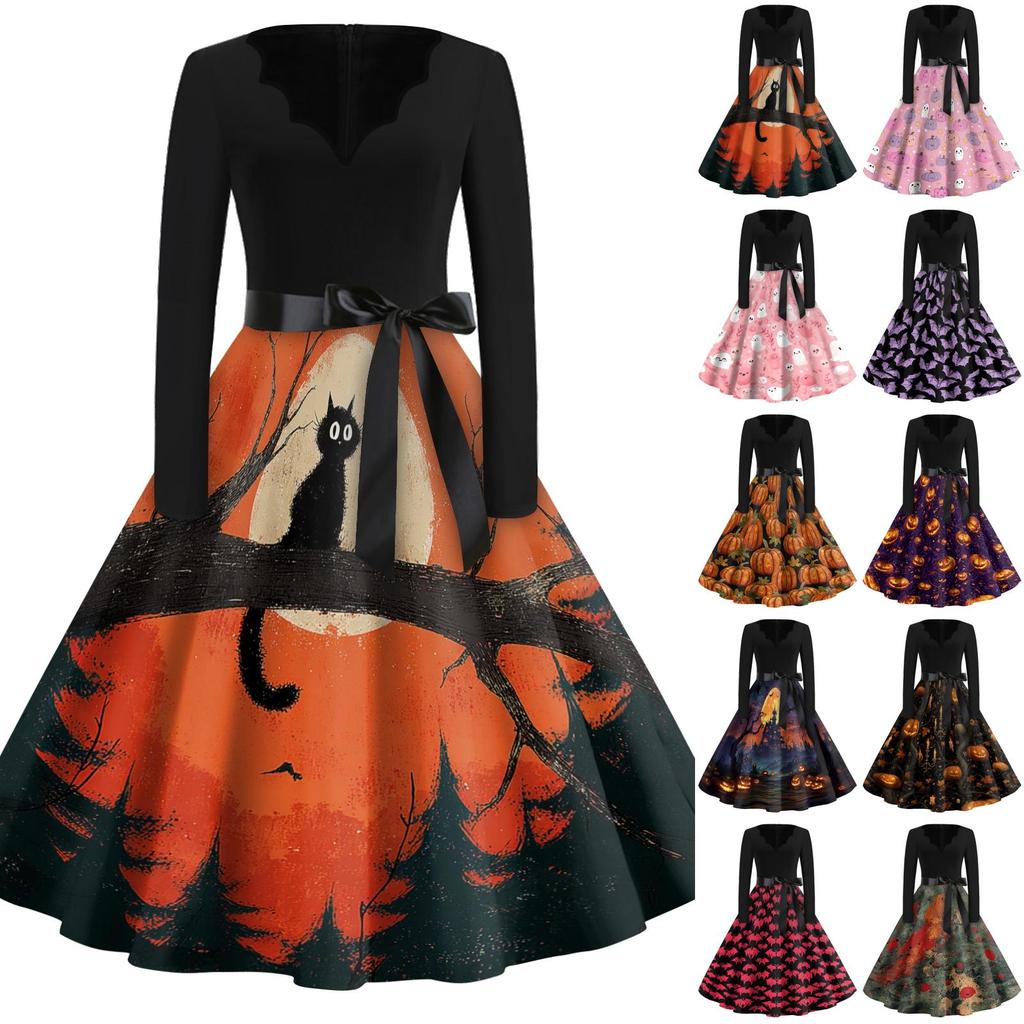Women Casual Long Sleeve V Neck Vintage Dress Halloween Print Retro Style A Line Midi Dress with Waist Tie Belt