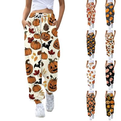 Damen Casual Fashion Halloween Printed Freizeithose Jogginghose Hose Kordelzug Elastische Taille Kordelzug Kordelzughose