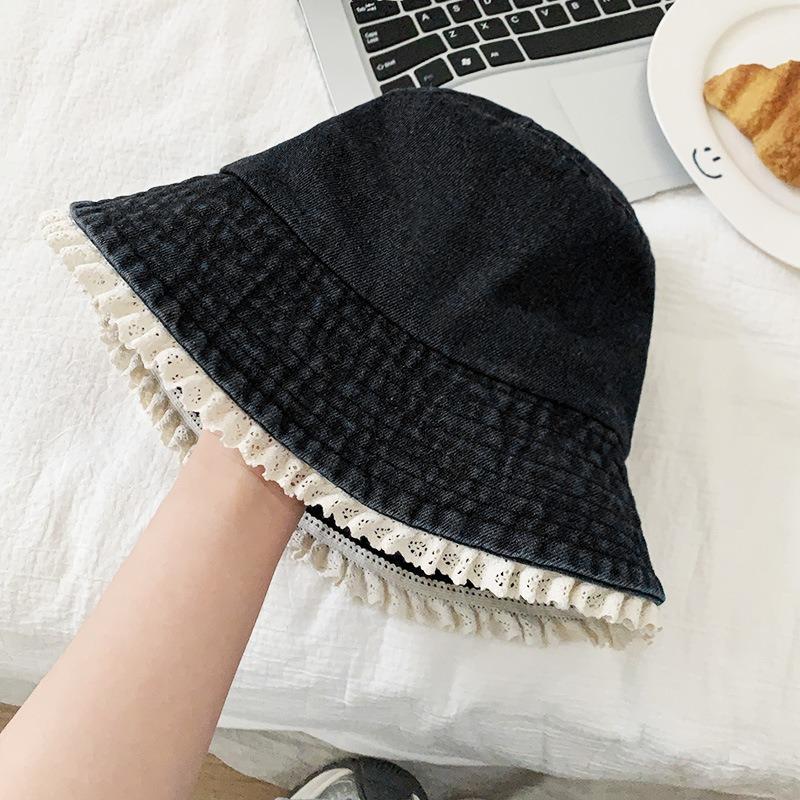 

Милая панама с кружевным краем, джинсовая шляпа от солнца, шляпа-ведро, модная, солнцезащитная, для колледжа, ветрозащитная, показывающая лицо, маленькая панама-ведро, женская M（56-58cm） чёрный