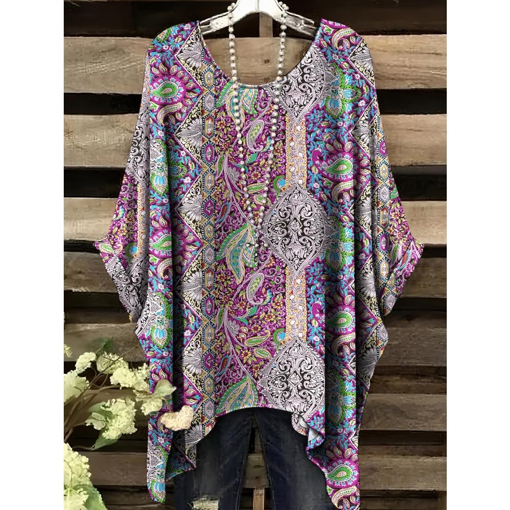 Damen T-Shirts Bohemian Urlaub Einfaches Muster Druck Tops Unregelmäßig Hanf Rundhals Mode Vielseitig Kurzarm Y2k Kleidung