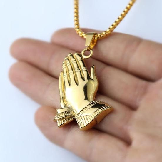 Hip Hop Lucky Men Necklace Stainless Steel Praying Hand Pendant Necklace Jewelry Accessory