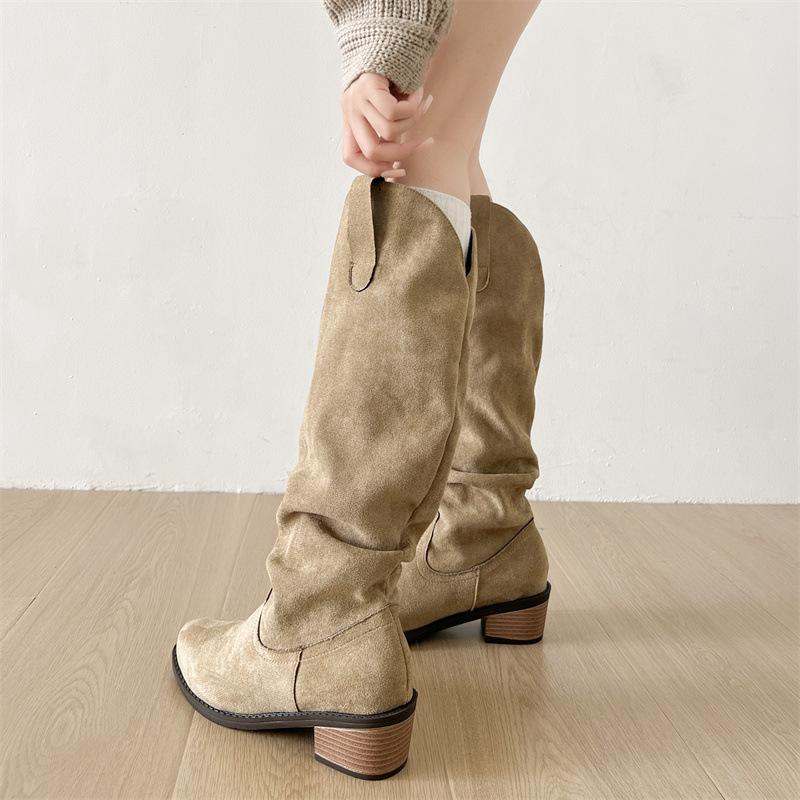 Khaki retro knee thick heel boots children boots 2025 new autumn thin Maillard knight boots