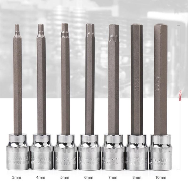 3/8” Drive Extra Long Torx/Allen Star Bit Socket Set 7-Piece for Cr-V Steel Socket Adapter Chrome Vanadium Steel 3mm