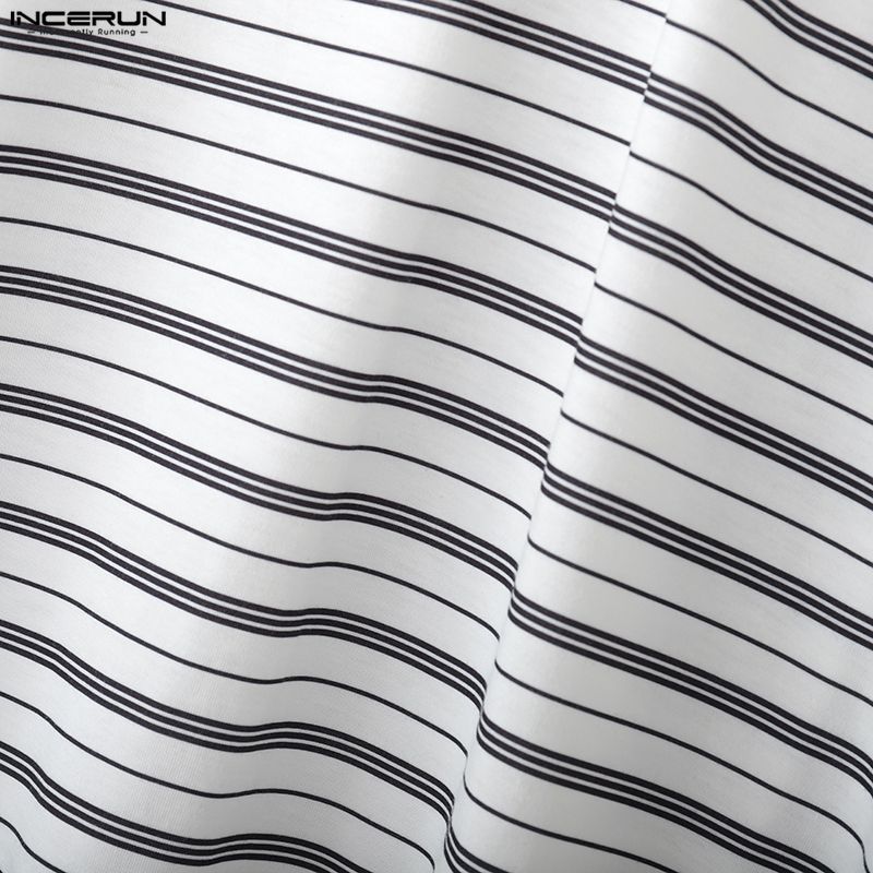 INCERUN Men Lapel Neck Long Sleeve Striped Patchwork Casual T-shirts Tops