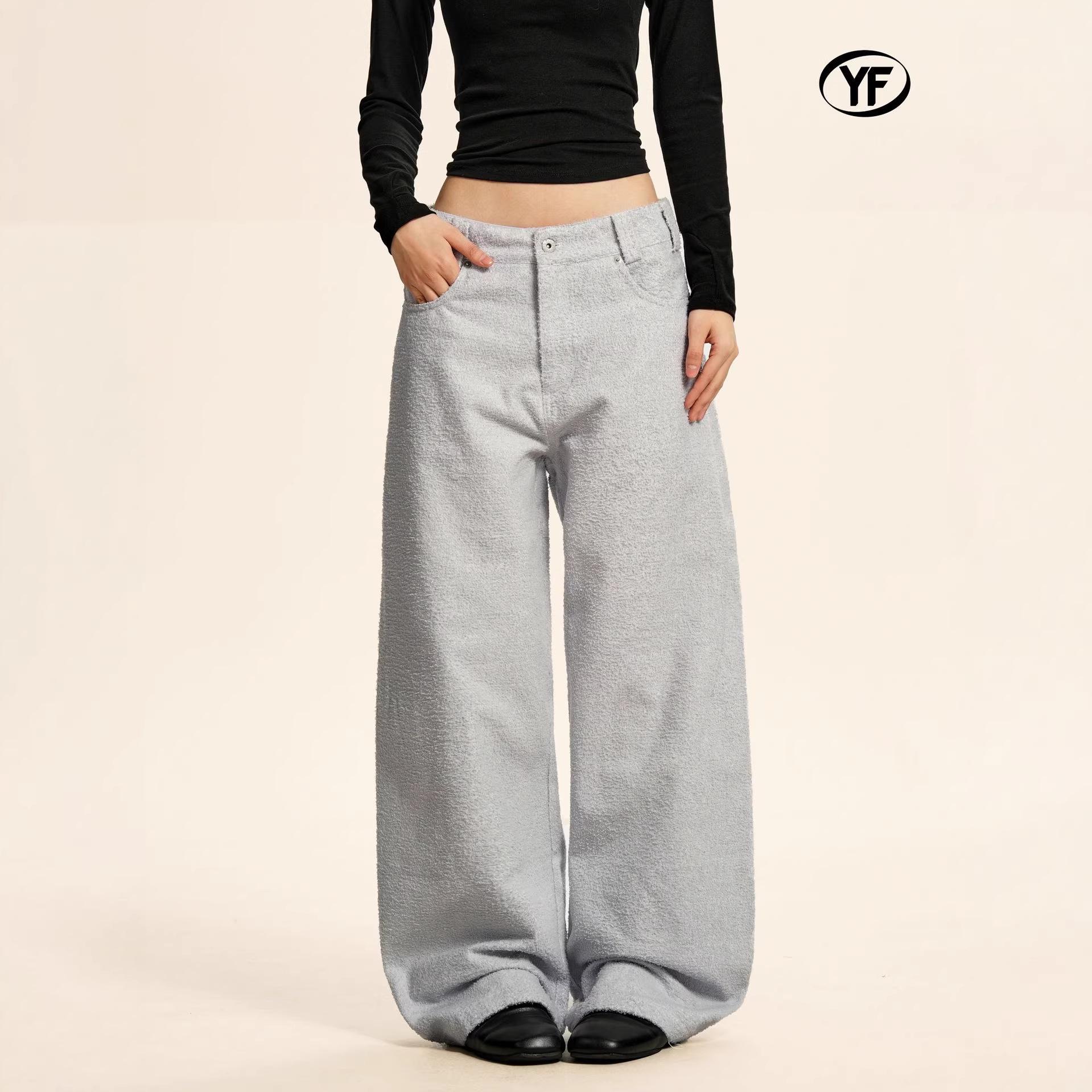 

Yongfang Retro Fleece Denim Jeans: Unisex, Personalized Design, High-End Feel, Three-Dimensional Pleats, Straight Leg Casual Pants. Small