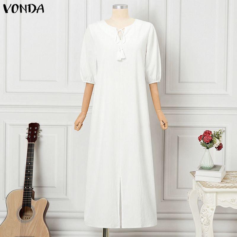 VONDA Women O Neck Half Sleeve Solid Color Casual Loose Baggy Maxi Dress Robes