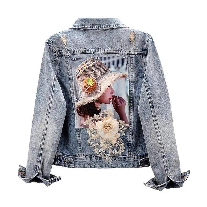 Loose Three-dimensional Button Pearls Outwear Ripped Jeans  Spring Autumn Women's Denim Jacket Long Sleeve Overcoat Jackets Plus Size
