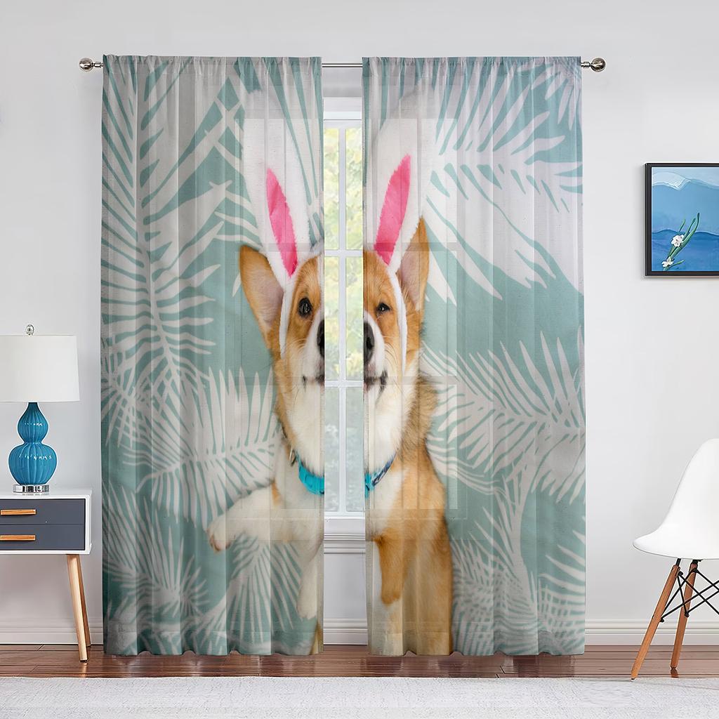 Corgi In The Flower Field Puppy Dog Sheer Curtains Window Treatment for Kitchen Living Room Bedroom Decor Modern Tulle Curtains