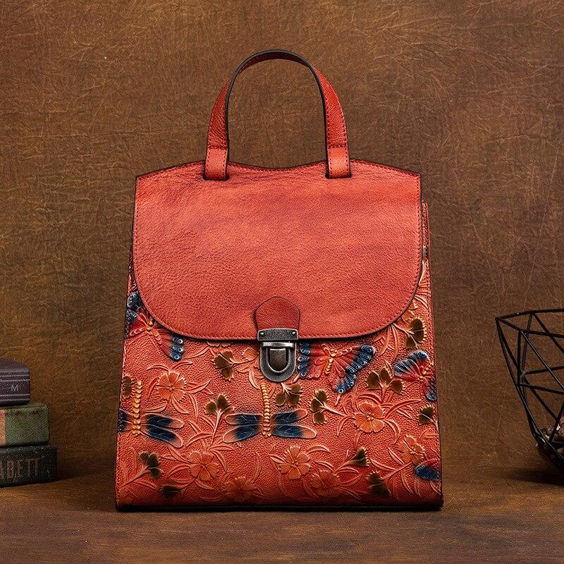 Johnature Vintage Embossed Backpack Genuine Leather Women Bag Chinese Style Floral Natural Soft Cowhide Ladise Travel Bags