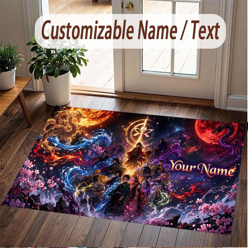Custom Name Crystal Velvet Rug,Demon Slayer Comfortable Anti Slip Floor Mat For Room Decoration