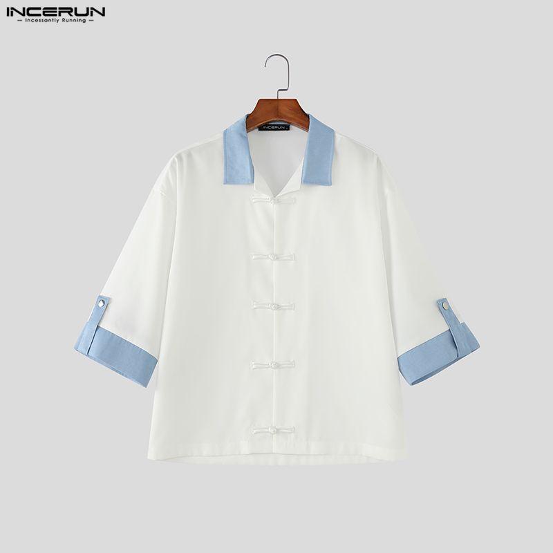 INCERUN Camicie Casual Estive da Uomo con Collo a Rever, Manica Corta, Cuciture, Bottoni, Top