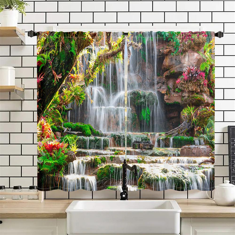 2Pcs Tropical Rainforest Curtains Waterfall Scenery Pattern Living Room Bedroom Window Decor Curtains Natural Landscape Theme