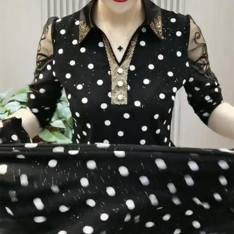 Abbigliamento Primaverile e Autunnale da Donna T-shirt di Tendenza Polo a Manica Lunga Coprente e Stampa a Caldo Diamante Top da Esterno