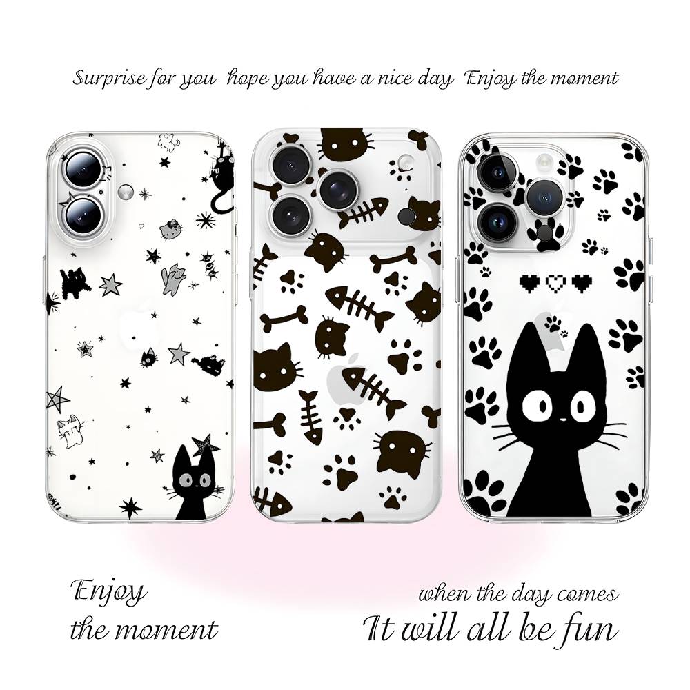 B-Black Cat Phone Case For Iphone17 16 15 11 13 14 Pro Max 7 8 Plus X Xr Xs Max Se2020 12mini Transparent Cov