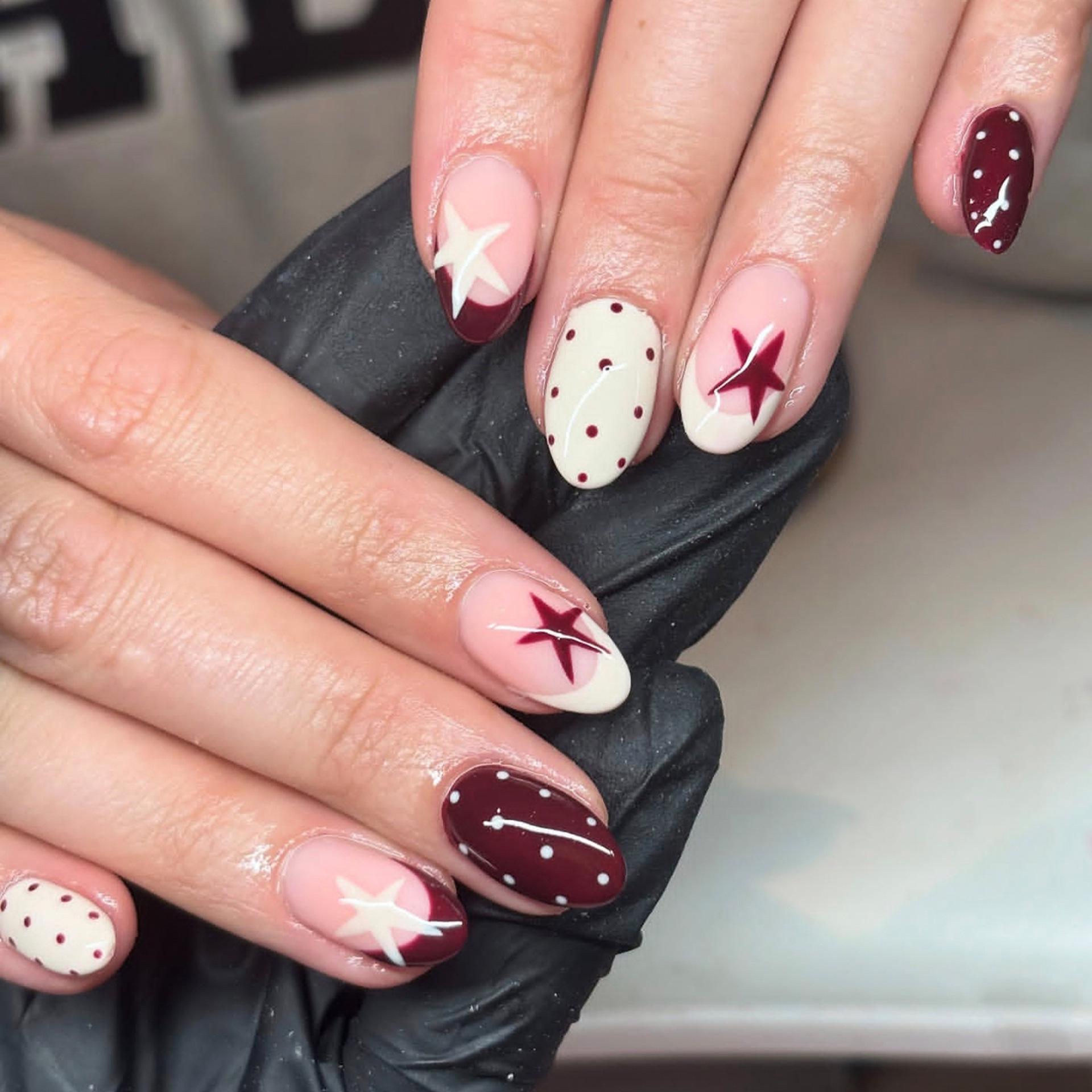 30-Piece Almond Press-On Nails - Short Polka Dot & Star French Manicure Tips