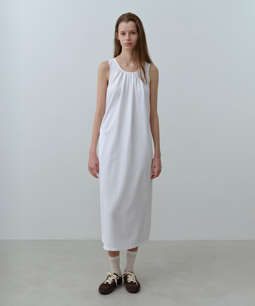 nau W Seersucker Neck Shirred Dress White
