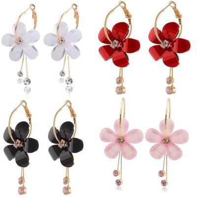 B435 Korean Style Six-Petal Acrylic Tassel Circle Earrings with Sunflower Design