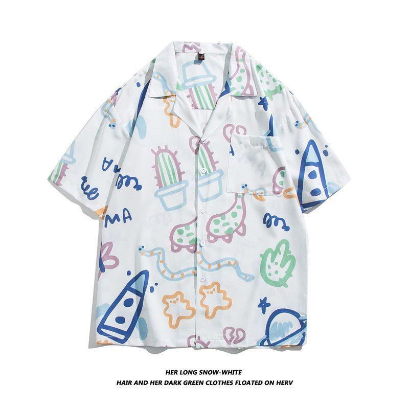 Straight Streetwear Fashion Casual Shirts Turn-down Collar Man Short Sleeve Button Printing Spring Summer Thin Men's Clothing