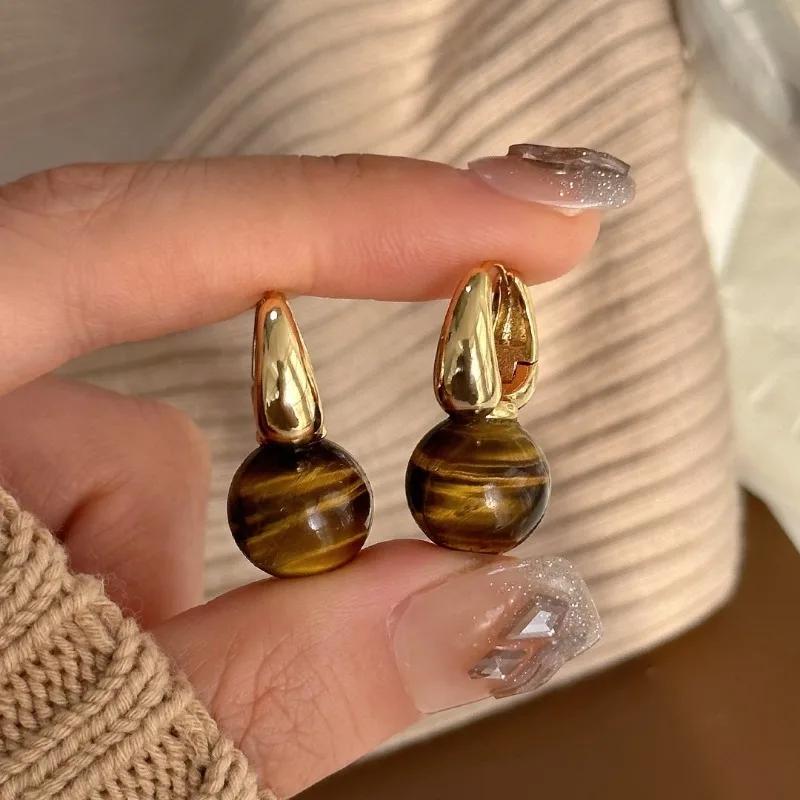 Women 12mm Natural Tigereye Hoop Earrings Gold Plated Copper Circle Earrings Autumn Winter Party Fashion Jewelry Gift