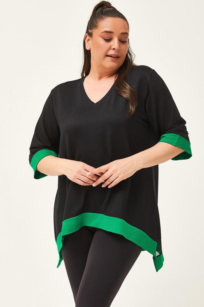 Women's Big Size Blouse Plus Size Black-Green Blouse with Tulle Detail On Sleeves and Skirt