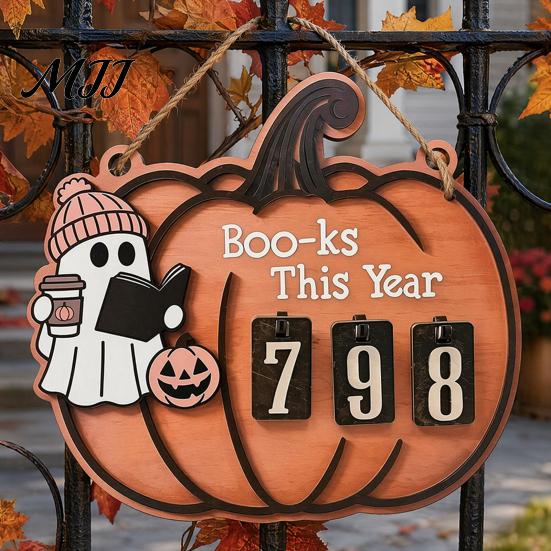 Fun Halloween Gift Ghost Pumpkin Reading Tracker Wooden Hanging Sign, Sliding Number Counter for Book Read This Year, Decoration Spooky Decor