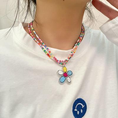 Collier Pendentif Papillon Fleurs Perles Colorées Pour Femmes Filles Chaîne de Clavicule Accessoires Bijoux Y2K