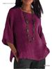 Women's Cotton Linen Three-Quarter Sleeve Shirt - Round Neck Top