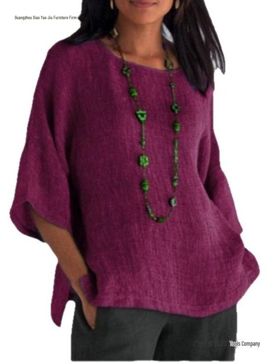 Women's Cotton Linen Three-Quarter Sleeve Shirt - Round Neck Top