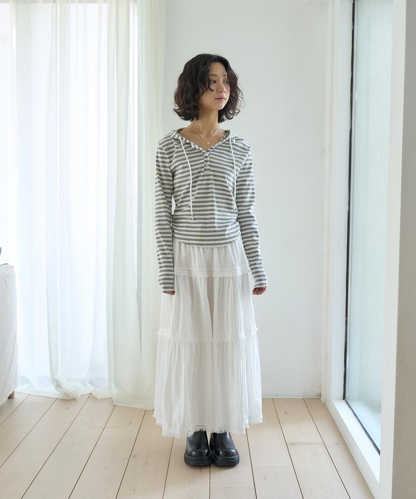 Striped Shirred Button Hoodie [Gray]
