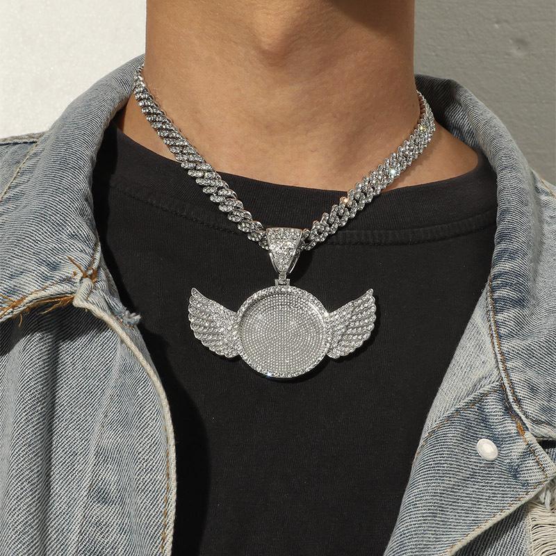 30mm Rhinestone Angel Wings Photo Pendant - Hip Hop Jewelry Accessory