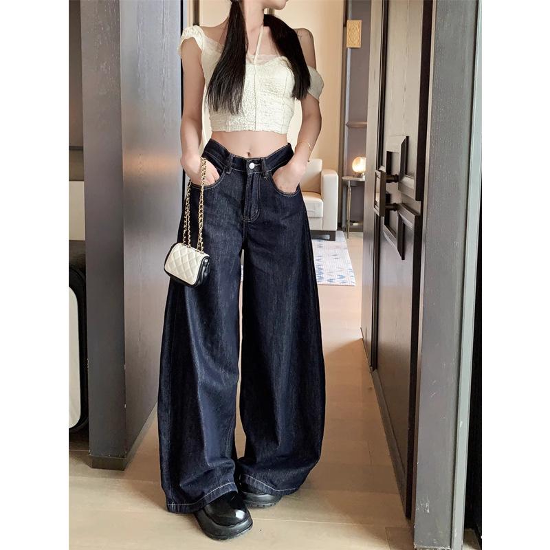 American High Street Women's Wide-Leg Washed Jeans - High Waist, Loose Fit, Floor-Length Autumn Pants