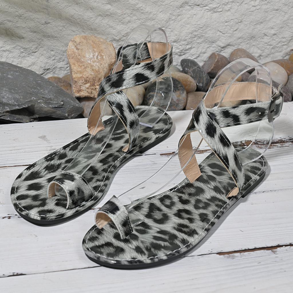 Fashion Summer Sandals Leopard Print Flat-bottomed Clip Toe Sandals One-word Buckle Belt Fashionable Outdoor Large Size Women's Shoes