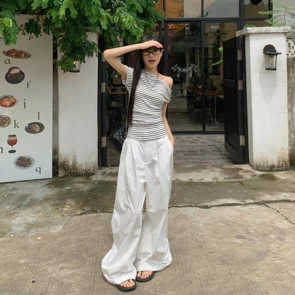 Women Spring Summer Off Shoulder Striped Sleeveless T-shirt O-Neck Slant Shoulder Blouses Pullover Top S-XXL