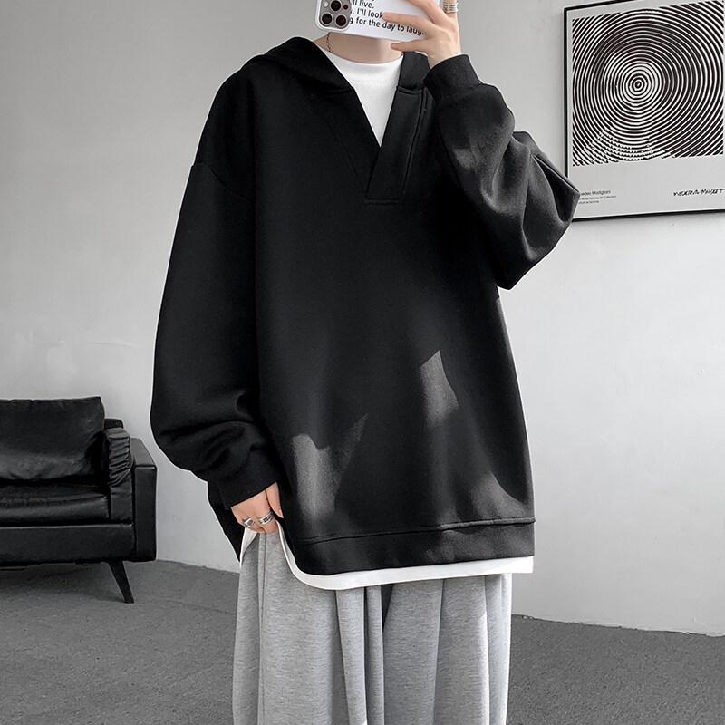 Men's Trendy Oversized V-Neck Hooded Sweatshirt - Comfortable, Versatile, Hong Kong Style, Plus Size