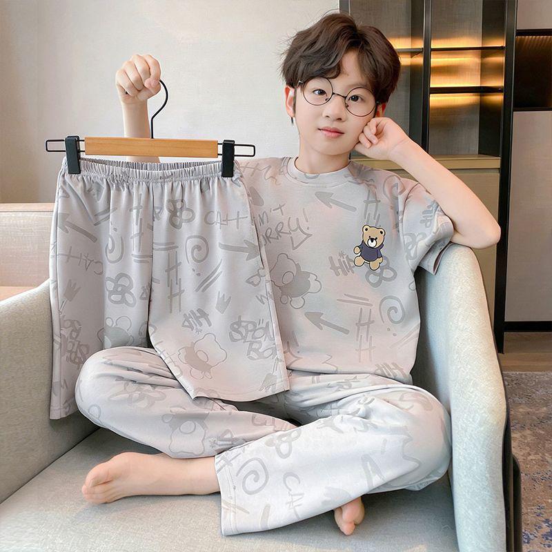 Children's Summer Pajama Set: 3-Piece Short-Sleeve Top, Long Pants, Boys' Medium & Large Air Conditioning Suit