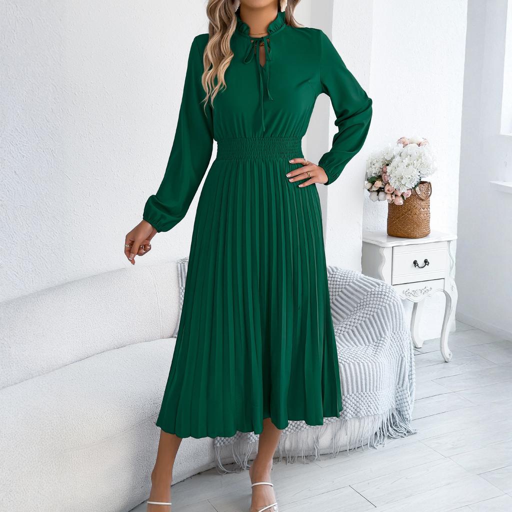 Women's Fashionable Casual Loose-Fit Tie-Waist Bell-Sleeve Pleated Dress
