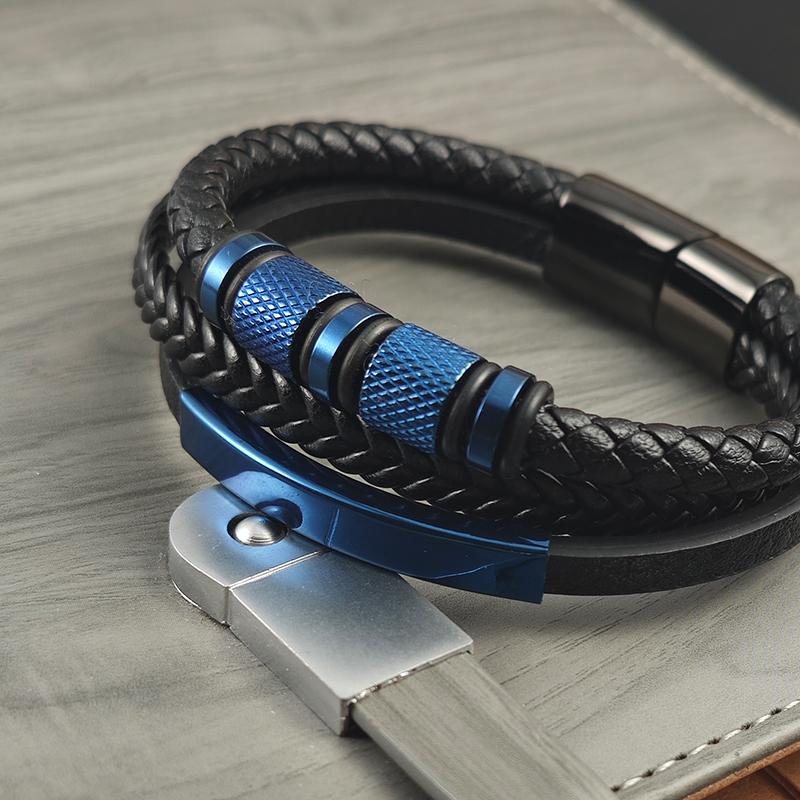 Charm New Blue Men's Leather Bracelets Stainless Steel Magnet Clasp Charms Fashion Punk Bangle Homme Jewelry Gifts
