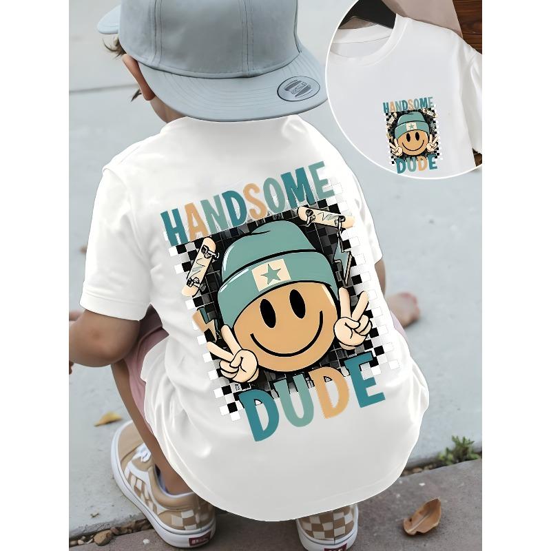 Children Crew Neck Short Sleeve T-Shirt with Cartoon Smiley Face, Yeah & Letter Print 110