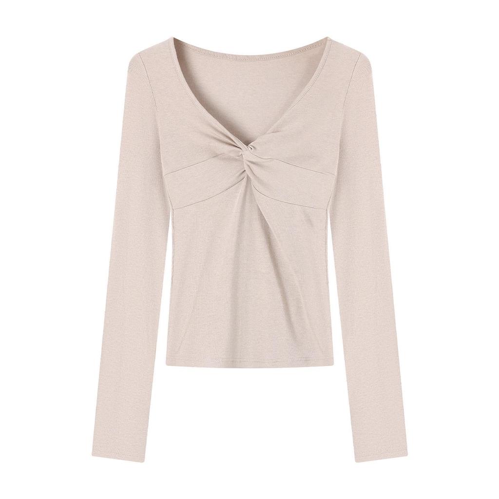 Women's V-neck Twisted Pleated Drop Shoulder Long Sleeve Spring Slimming T-shirt