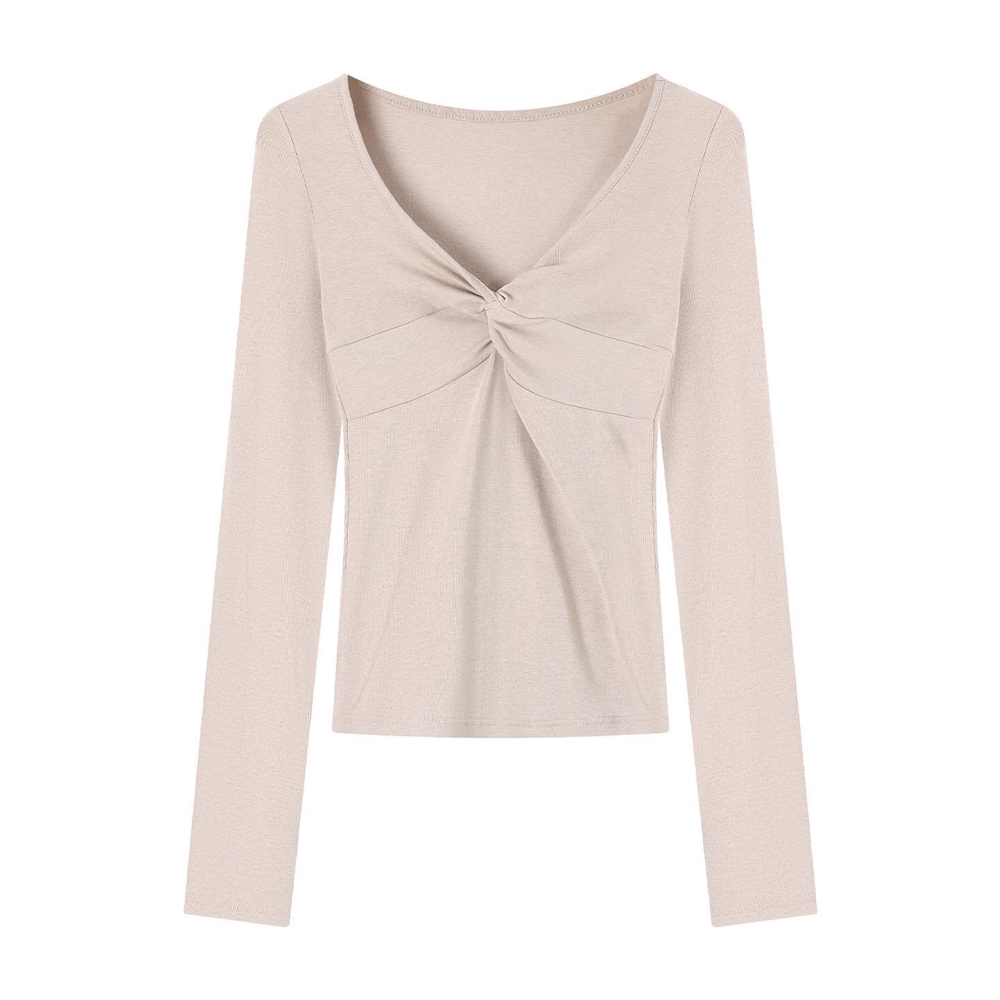 

Women s V-neck Twisted Pleated Drop Shoulder Long Sleeve Spring Slimming T-shirt S (80-95 lbs) абрикосовый