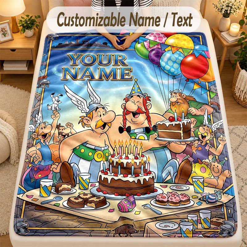 FlaneldeckeAsterix & Obelix Benutzerdefinierter Text Personalisierte Weiche Warme Überwurfdecke Heimdekoration Geschenk