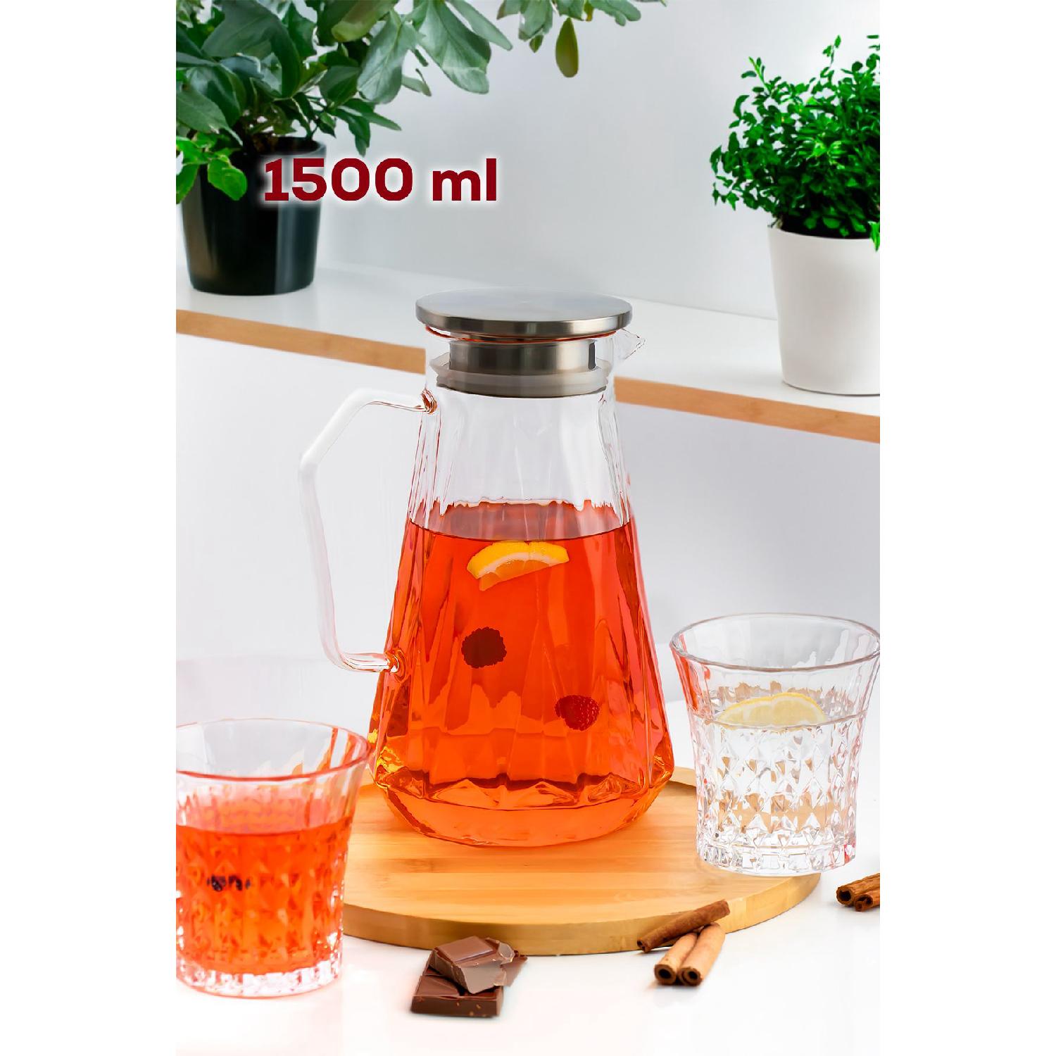

15323 Borosilicate Glass Jug With Metal Lid Glass Carafe - Detox Jug 1500 Ml
