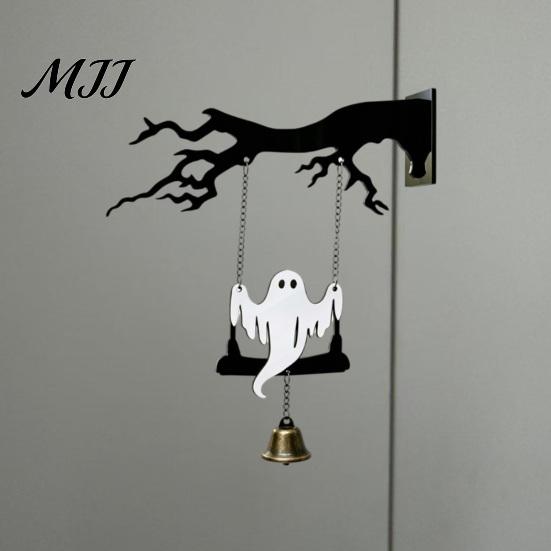 Gothic Home Accents Halloween Ghost Swing Bat WELCOME Wind Chime, Bell Door Decoration with Vintage Copper Dead Tree Silhouette Bells, Rustic