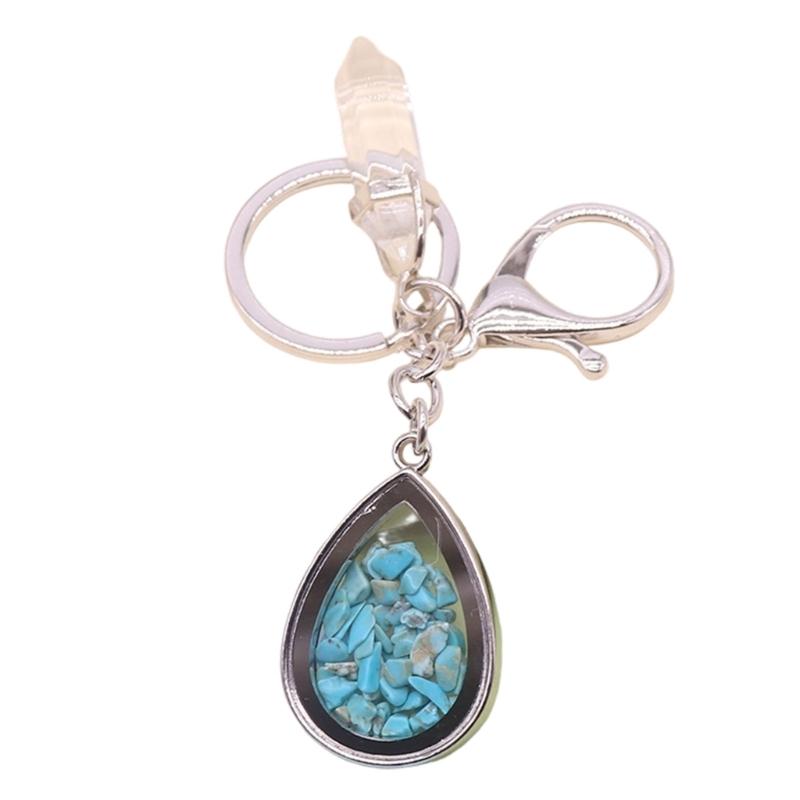 Natural Stone Crystals Teardrop Shape Photo Locket Keychain Featuring Diamonds Cut Designs for Sentimental Gifts
