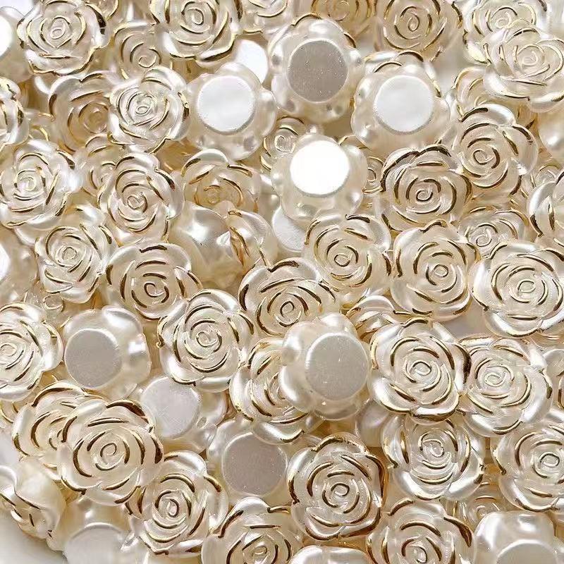 Gold-Edged Retro Camellia Rose Acrylic Beads for Handmade DIY Jewelry - Pearl White Flower Accessories