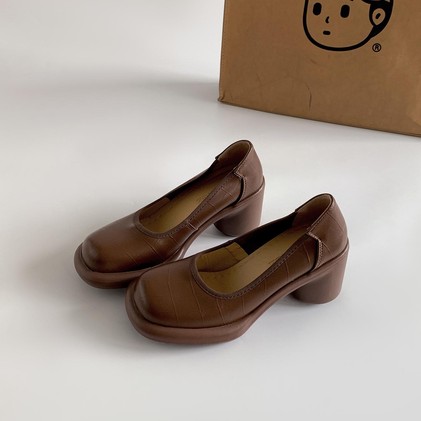 

Autumn Women Mary Jane Shoes Fashion Shallow Slip On Pumps Concise Dress Thick Heel Ladies Footwear 35 коричневий